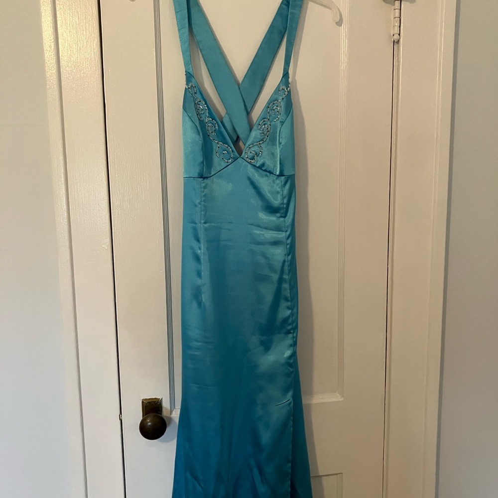 Peacock blue open back gown